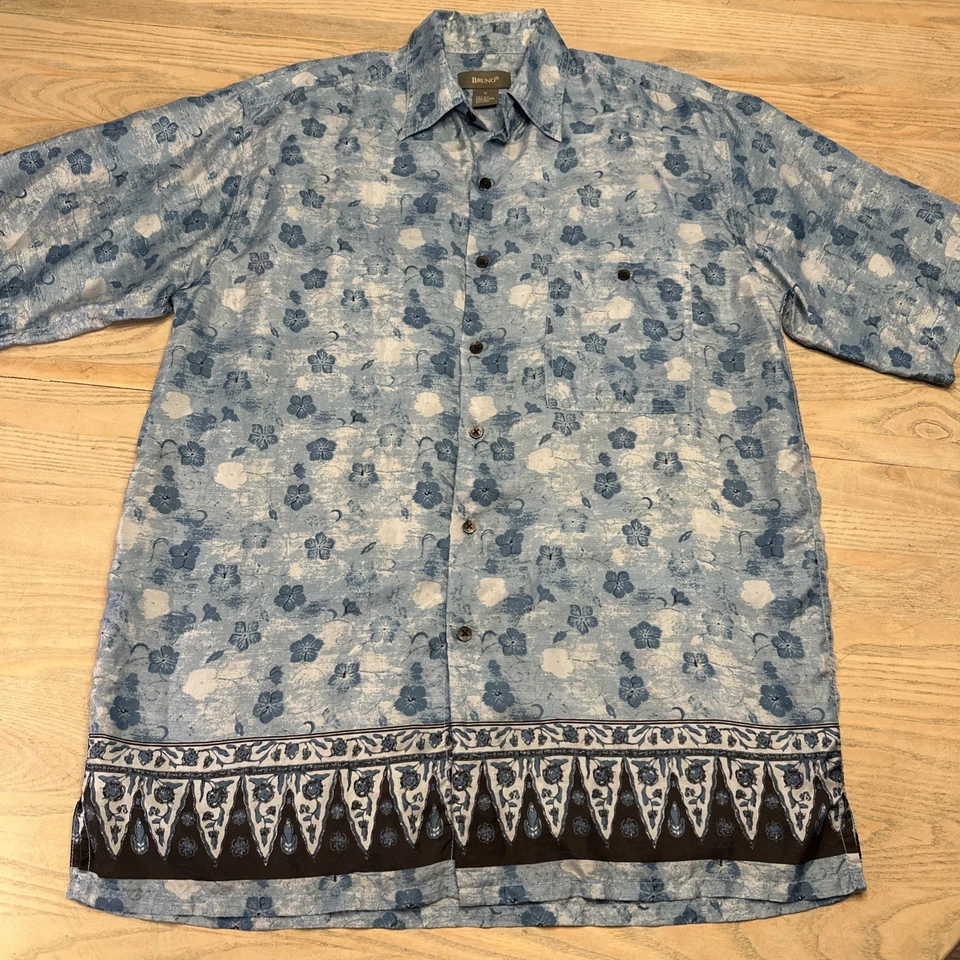 Camisa De Colección Bruno Azul Seda Floral Estampado Geométrico Para Hombres M Manga Corta Abotonada Foto 1 de 4