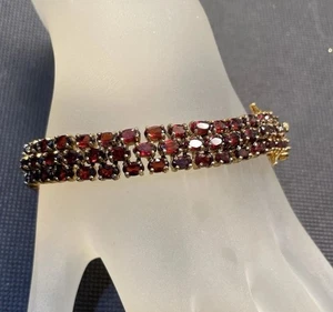 Stunning Vintage 3 Rows Gold Gilt 925 Sterling Silver Garnet Bracelet 7 1/4” - Picture 1 of 10