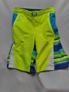 OP Ocean Pacific Boys Swim Trunks Large 10-12 Blue Neon Green Striped Mesh Lined - Picture 1 of 8