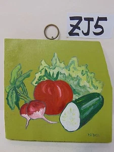 ORIGINAL SIGNED FOLK ART PAINTING ON WOOD PJ BICK MID CENTURY TOMATO-RADISH-CUCU - Picture 1 of 7