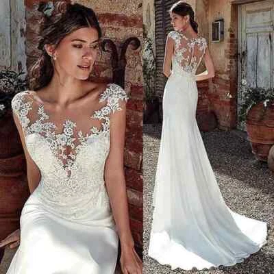 Beautiful Round Neck Lace Applique Mermaid Mopping Wedding Dresses Chapel Train - Image 1 of 4