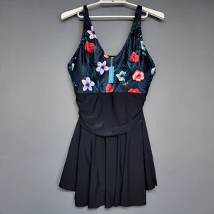 Yonique Swimsuit Dress Womens 22W Black Floral One Piece Skirted Swimwear Plus - Picture 1 of 12