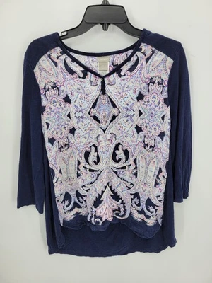 Top Chicos Mujer Mediano 1 Azul Blanco Lino Barroco Cuello en V Manga 3/4 Alto Lo Foto 1 de 4