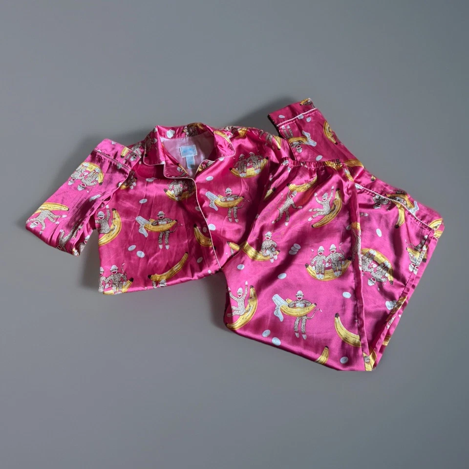 Nick & Nora Niña XL 14/16 Largo Pijama Conjunto Calcetín Mono Plátano Rosa Satinado Dormir Foto 1 de 4