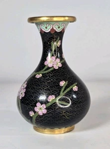 Vintage Chinese Cloisonné Cherry Blossoms Flower Black Enamel Brass Vase 4" - Picture 1 of 6