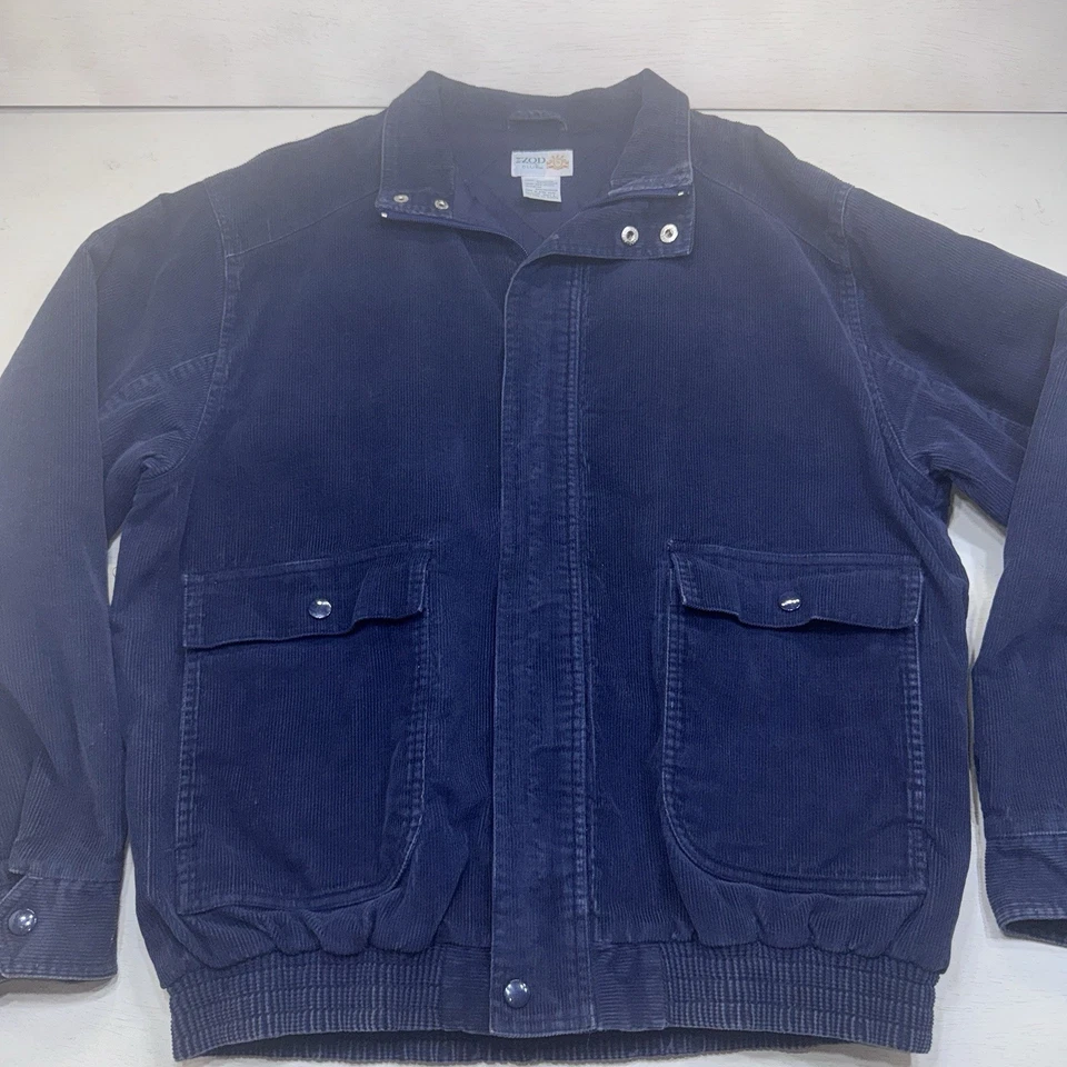 复古 Izod Club 蓝色夹克男式灯芯绒绝缘全拉链口袋大号 — 第 1/4 张图片