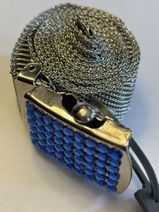 New Vtg Nine West Silver Metal Mesh Belt Blue Sparkle Gem Slide Buckle Large 40” - Picture 1 of 11