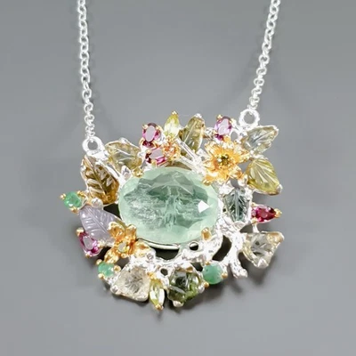 Handmade 12 ct+ Natural Fluorite Necklace 925 Sterling Silver 17.5"/N27574 - Image 1 of 4