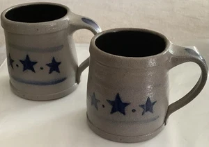 Rowe Pottery Works 1999 Salt Glazed Stoneware(2) Coffee Mug W/Cobalt Stars - Picture 1 of 9