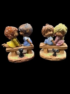 Vtg 1950s MCM Napcoware Clay Figures Boy & Girl on Bench 1 With Mouse 1 With Cat - Picture 1 of 14