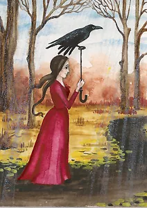 ACEO STAMPA DI DIPINTO Corvo HALLOWEEN Strega Stile Vintage Arte Popolare Magia Gotica - Foto 1 di 1
