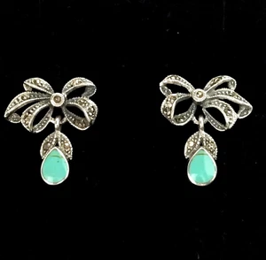 STERLING SILVER Turquoise Antique 1920s Edwardian style Dangle Drop Earrings BN - Picture 1 of 6
