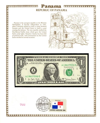 United States Banknote 1 Dollar 1977-A UNC  w/UN Panama FDI FLAG  BIRTHDAY 1962 - Image 1 of 3