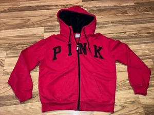 Felpa con cappuccio Victoria's Secret ROSA full zip donna taglia S pelliccia rossa - Foto 1 di 5