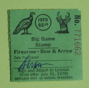 1979 Maryland Bow & Arrow Deer & Turkey Hunting Stamp License Tag Permit - Picture 1 of 1