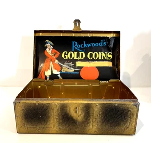 Vintage Treasure Chest Jewelry Candy Box Metal / Tin w/ Rockwood Gold Coins Ad - Picture 1 of 8