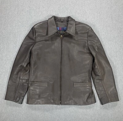 Chaqueta de motociclismo de cuero marrón Golden Bear de colección forro a cuadros para hombre M Foto 1 de 4