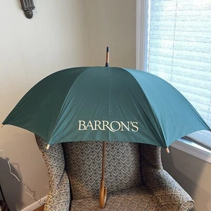 Barron’s Magazine Green Umbrella Wood Handle W/ Logo VTG - Picture 1 of 14