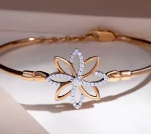 1.00Ct Round Simulated Diamond Bangle Bracelet 14K Yellow Gold Plated Flower - Picture 1 of 2