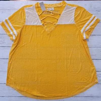 Maurices 24/7 Baseball T Shirt Yellow White Striped Short Sleeve Womens Size 1X - Image 1 of 4