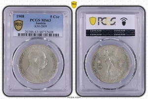 Coin Silver Austria 5 Crowns 1908 Government Jubilee PCGS MS63 nswleipzig - Picture 1 of 2