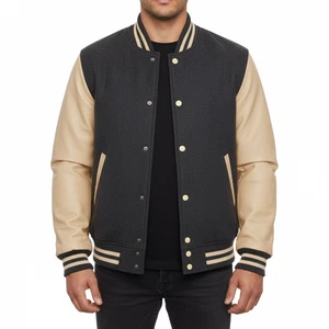 Varsity Letterman Dark Grey Wool Cream Cowhide Leather Sleeves College Jacket - Picture 1 of 12