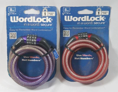 Lote de 2 novas travas de bicicleta com cabo WordLock – vermelho e roxo – 5 pés de comprimento - Imagem 1 de 4