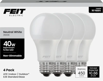 4-Pack A19 LED Bulbs 11W 40W Equivalent 3500K Neutral White E26 - Image 1 of 4