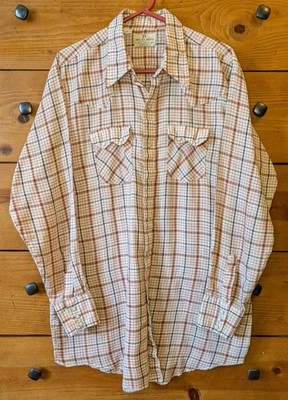 Vintage DEE CEE Western Knit Sawtooth Pearl Snapbshirt 17-36 XLT Beige Plaid - Image 1 of 4