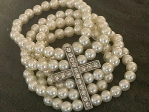 Vintage 5 strand pearl crystal cubic zirconia cross religious 3” chunky Bracelet - Picture 1 of 9