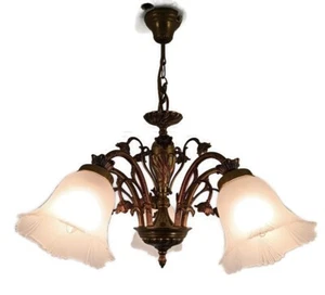 Chandelier Vintage France Frosted Glass shades Brass Ornate Tulip Flower shaped  - Picture 1 of 13