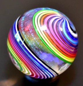 JAMES ALLOWAY GLASS MARBLE/1.273"-RAINBOW/ZEBRA DICHROIC SWIRL #3157-TURQ,ROSE+ - Picture 1 of 10