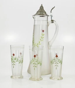 Magnífico juego jarra de regalo + 3 vasos jarra hecha a mano tapa de estaño 1900 - Imagen 1 de 24