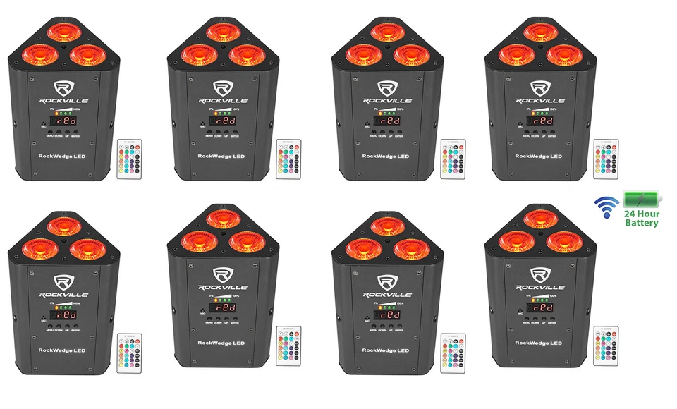 (8) Rockville RockWedge LED RGBWA+UV Rechargeable Wireless DMX DJ Par Up-Lights - Image 1 of 4