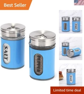 Durable Blue Stainless Steel and Glass Spice Shakers with Adjustable Pour Holes - Picture 1 of 10