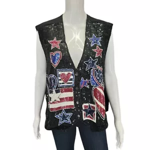 Vintage Quacker Factory Independence Day Sequins Vest 3X Plus Sz Black Jacket - Picture 1 of 10