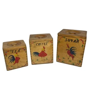 VTG 1950s Wood Fred Roberts Rooster Chicken Canister 3 Pc Set Country Farmhouse - Picture 1 of 20