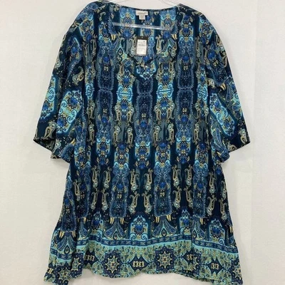 New Avenue size 30/32 Blue Abstract Boho Print  V Neck Festival Pleated Tunic - Image 1 of 4