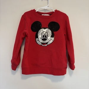 H&M Disney Red Crewneck Sweatshirt Sequin Flip Mickey Mouse Kid Size 4-6 - Picture 1 of 7
