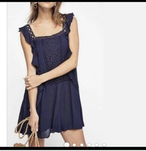 Free People FP One Priscilla Mini Dress Small Embroidered Eyelet Navy Shift - Picture 1 of 6