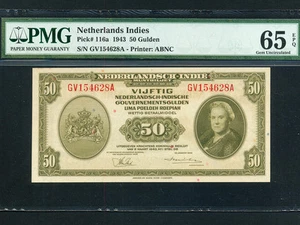 Netherlands Indies:P-116a,50 Gulden,1943 * Queen Wilhelmina * PMG Gem UNC 65 EPQ - Picture 1 of 2