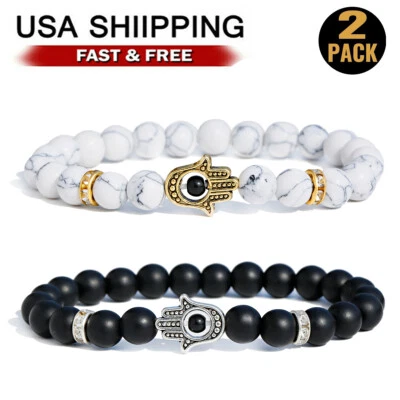 2 Piezas Pulsera de Mano Hamasa Elástica Piedra Natural Yoga Cristal Curativo Pulseras Foto 1 de 4