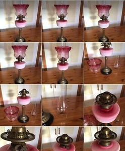 Oil Lamp Antique Duplex Burner Cranberry Glass Shade Glass Font Lovely - Picture 1 of 21