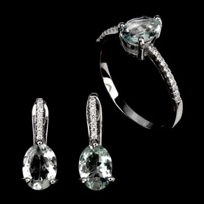 925 Argento Sterling Ovale Acquamarina 8x6mm Gemma Pietra Naturale Gioielli Set - Immagine 1 di 4