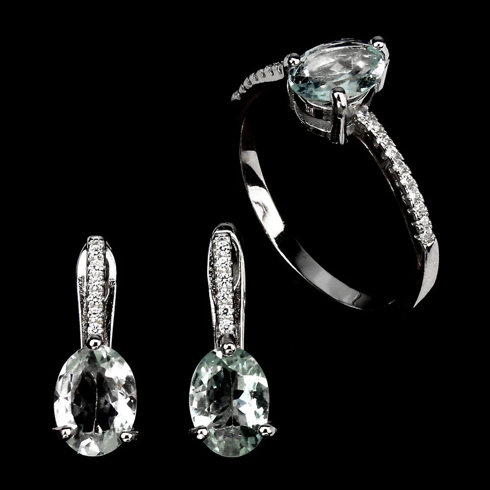 925 Argento Sterling Ovale Acquamarina 8x6mm Gemma Pietra Naturale Gioielli Set - Immagine 1 di 4