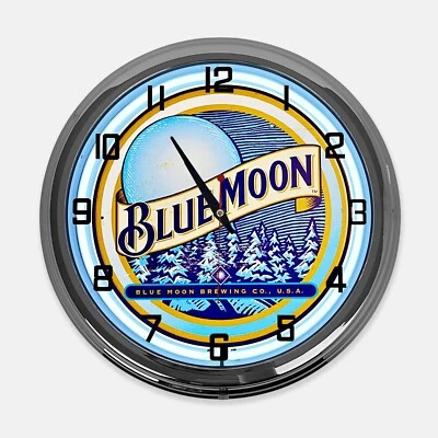 Reloj de neón blanco diseñado con letrero de metal Blue Moon Brewing Company de 18" Foto 1 de 4