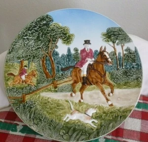 West Germany Majolica Wall Plates Fox Hunting Scene Field Charger Horses Vintage - Picture 1 of 7