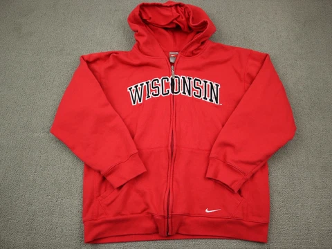 Vintage Wisconsin Badgers Hoodie Youth Medium Red Nike Long Sleeve Full Zip 90's Cover