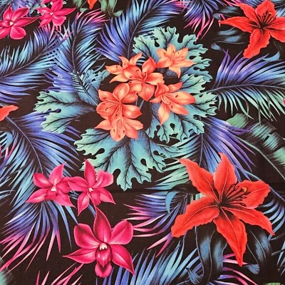 Tropic Gardens BTY P&B têxteis rosa laranja amarelo azul floral preto havaiano - Imagem 1 de 3