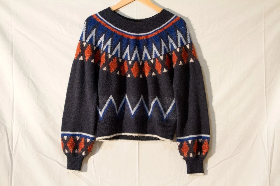 Разные Anthropologie пушистый Fair Isle свитер Nordic воздушный шар рукав темно-синий S - Изображение 1 из 4